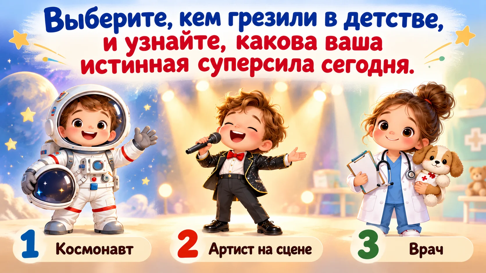 Тест на детские мечты: выберите, кем хотели стать в 6 лет, и узнайте, почему вместо покорения космоса вы сейчас просто устали
