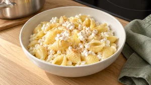 Готовые макароны с нежным творогом и щепоткой корицы в светлой керамической миске