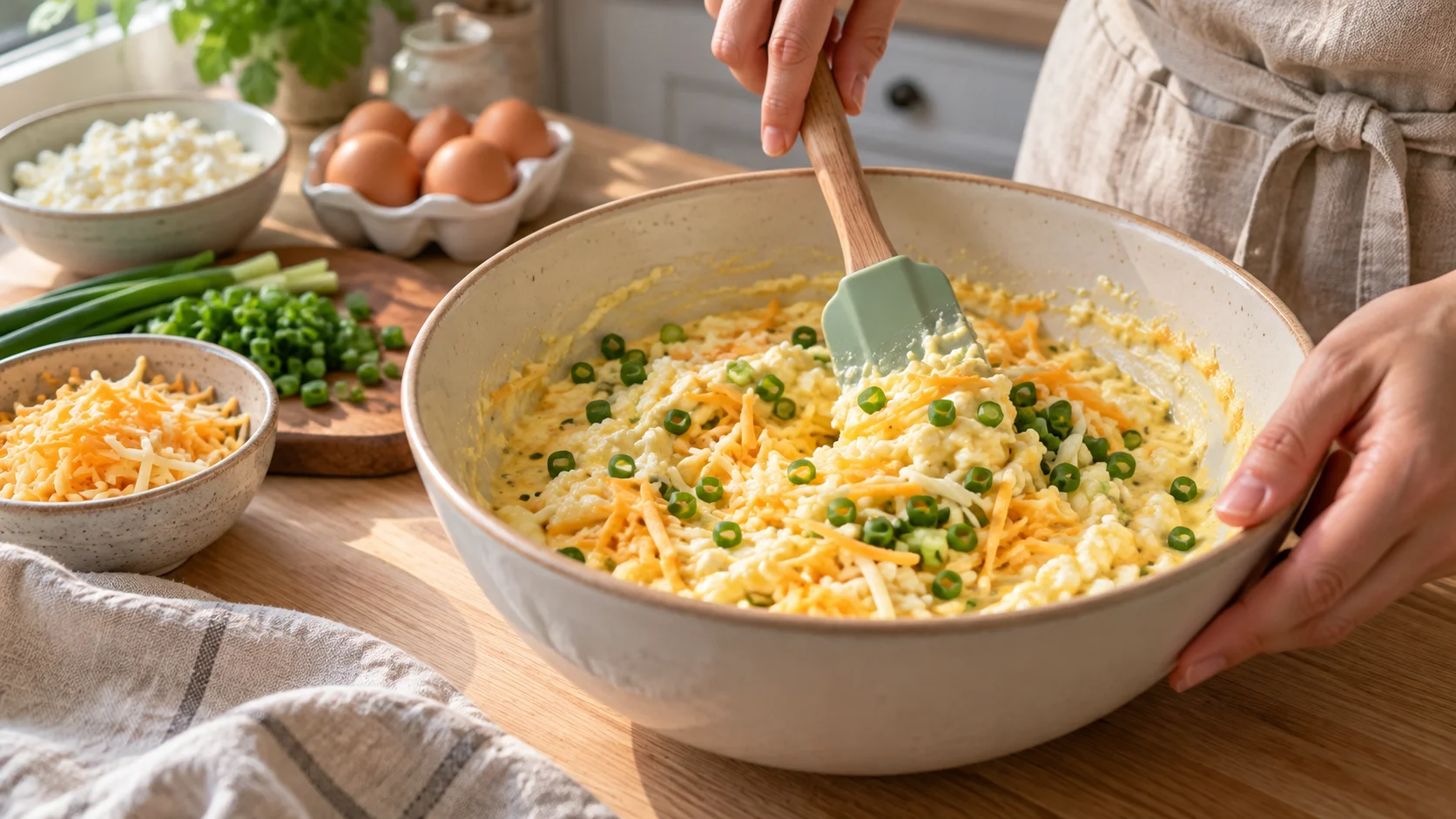 Смешивание яично-творожной основы с сыром и зелёным луком