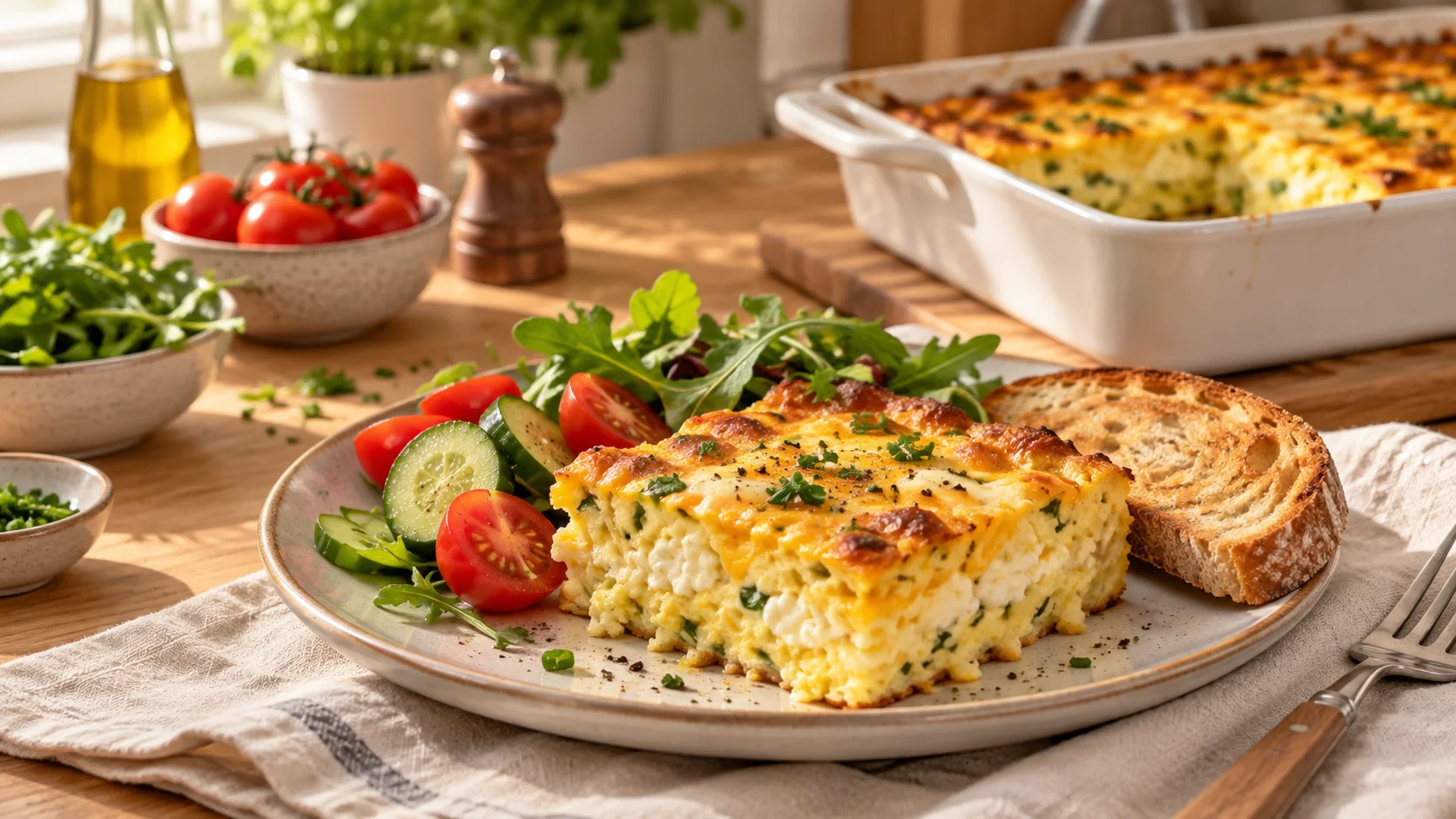 Порция сырной запеканки с овощами и тостом