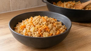 Ячневая каша с луком и морковью в тёмной керамической миске