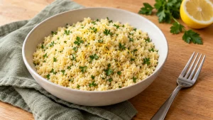 Рассыпчатый кускус с петрушкой и лимонной цедрой в светлой керамической миске