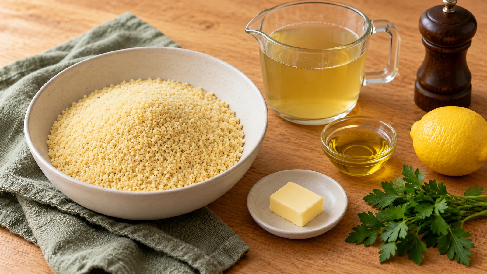 Сухой мелкий кускус, горячий бульон, масло, лимон и петрушка на светлой деревянной поверхности